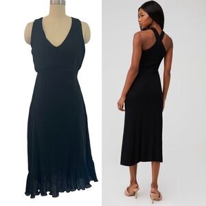 Line‎ & Dot Black Dress XS P Sleeveless V Neck Ruffle Hem Cotton Blend Midi